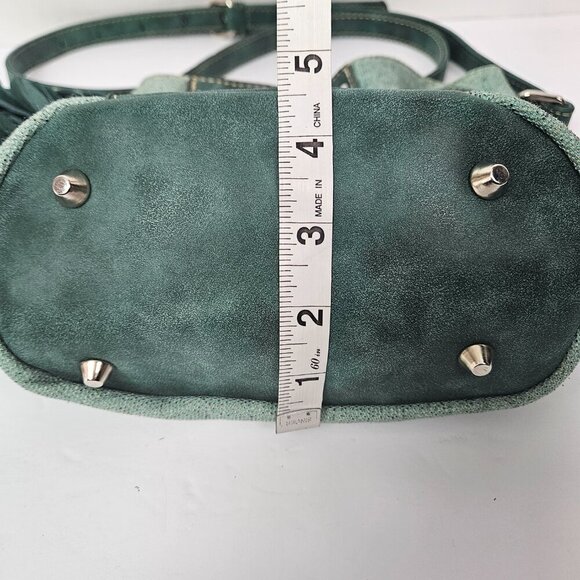 Montana West Green Canvas/Faux Leather Studded Suede Tassel Crossbody Bucket Bag - Picture 10 of 11